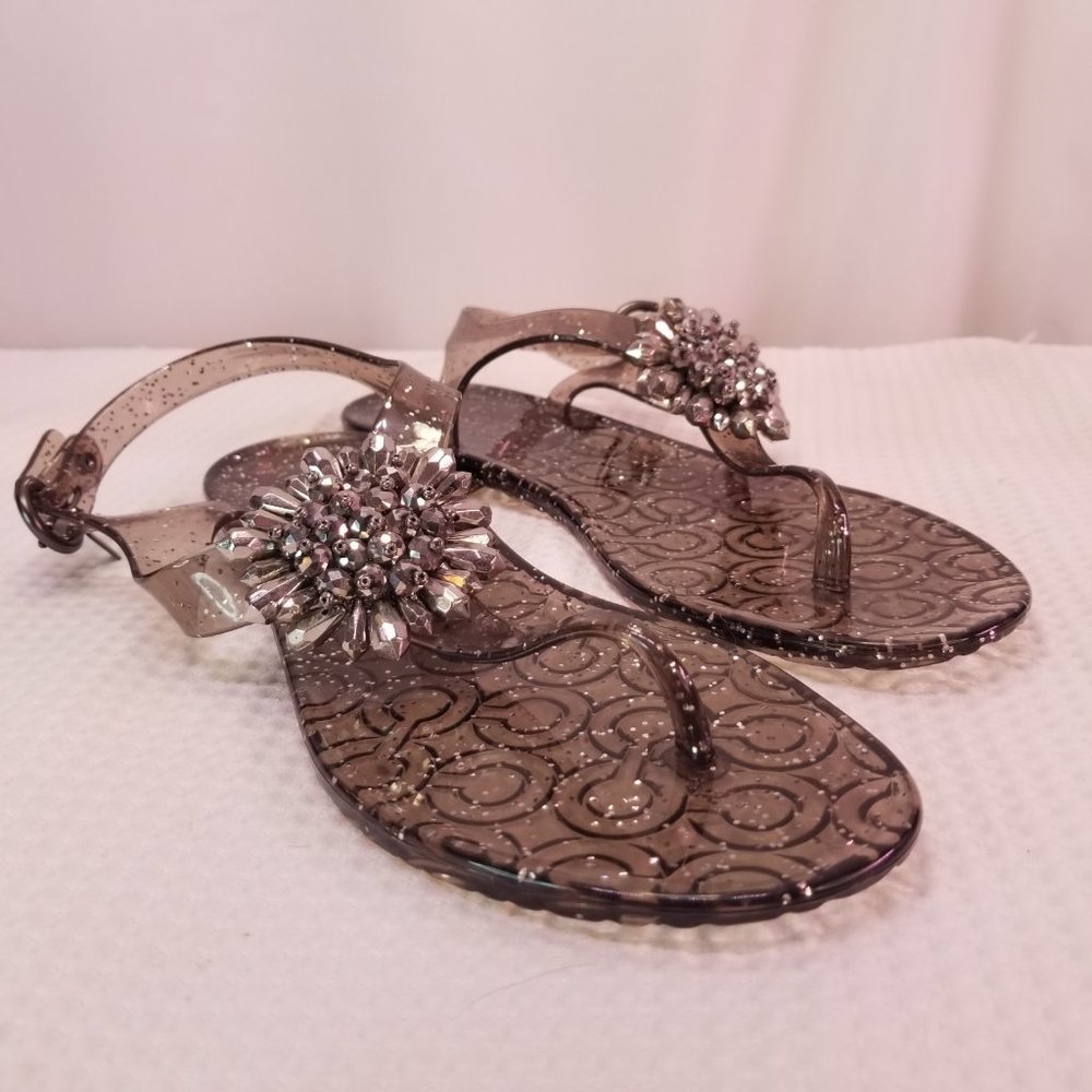 Coach Translucent Taupe Glitter Jelly Sandals with Crystal Burst